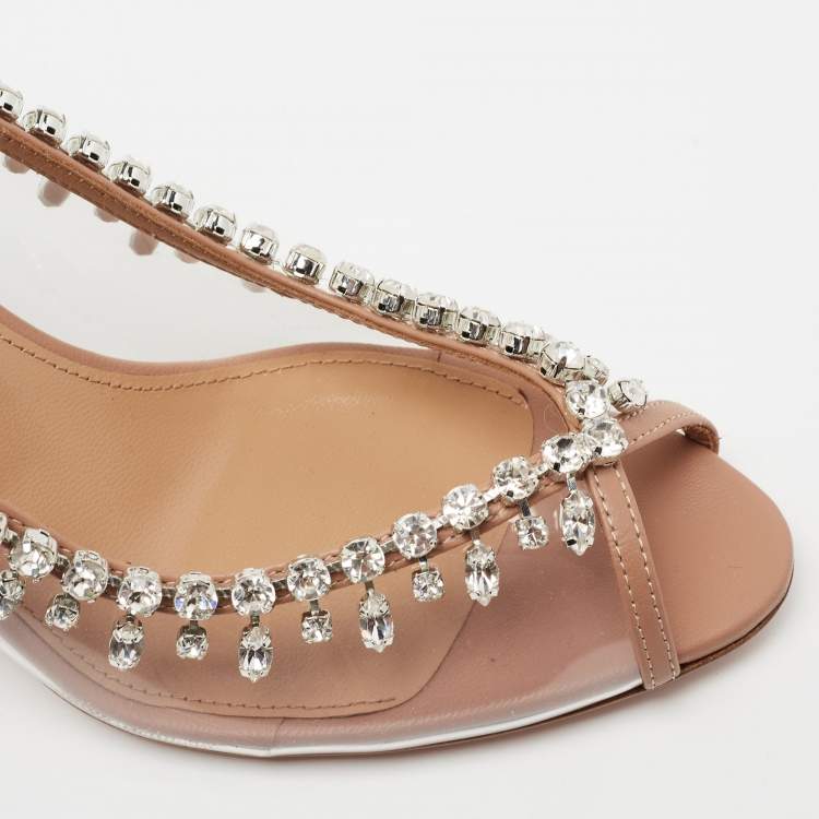 Pre Owned Aquazzura Beige Leather and PVC Temptation Crystal Embellished Slingback Pumps Size 39