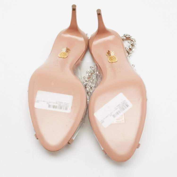 Pre Owned Aquazzura Beige Leather and PVC Temptation Crystal Embellished Slingback Pumps Size 39