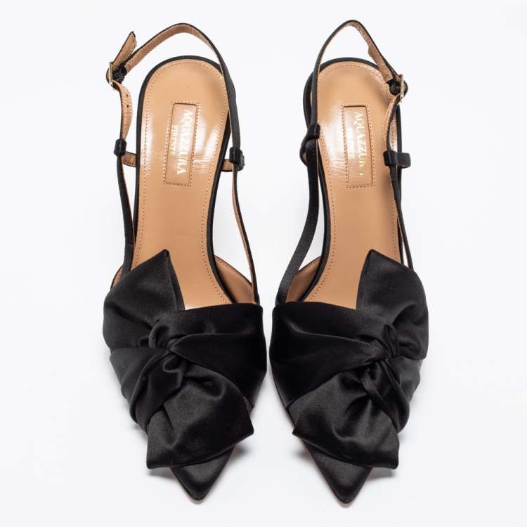 Pre Owned Aquazzura Black Satin Knot Detail Slingback Pumps Size 38
