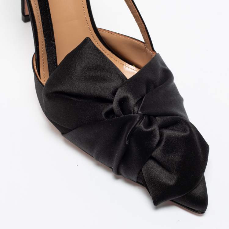 Pre Owned Aquazzura Black Satin Knot Detail Slingback Pumps Size 38