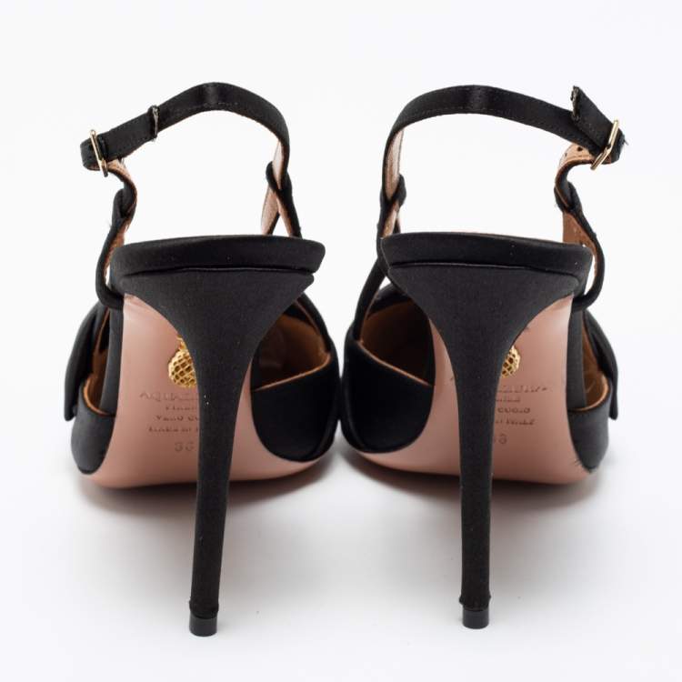 Pre Owned Aquazzura Black Satin Knot Detail Slingback Pumps Size 38