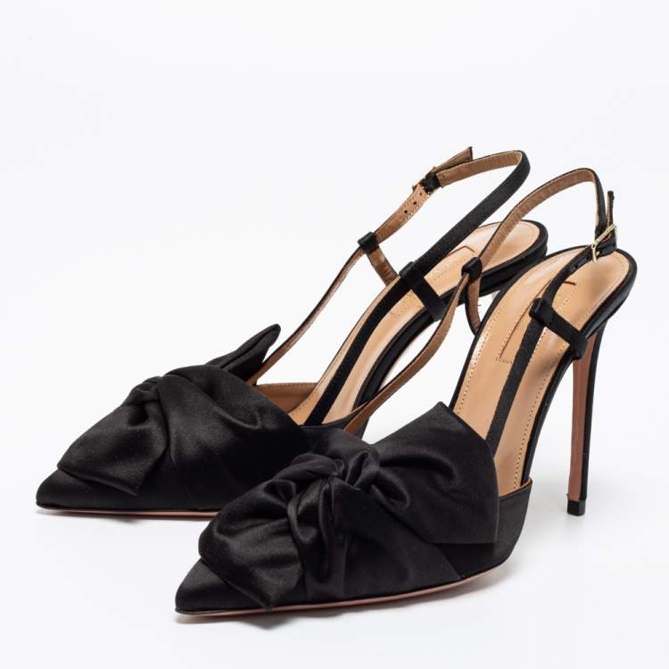 Pre Owned Aquazzura Black Satin Knot Detail Slingback Pumps Size 38