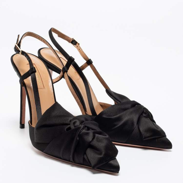 Pre Owned Aquazzura Black Satin Knot Detail Slingback Pumps Size 38