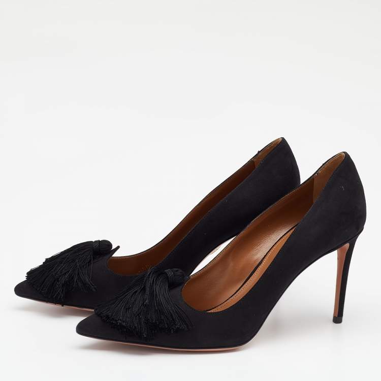 Pre Owned Aquazzura Black Suede Love Tassel Pointed Toe Pumps Size 39