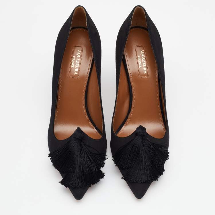 Pre Owned Aquazzura Black Suede Love Tassel Pointed Toe Pumps Size 39