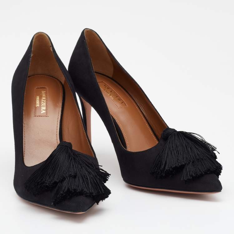 Pre Owned Aquazzura Black Suede Love Tassel Pointed Toe Pumps Size 39
