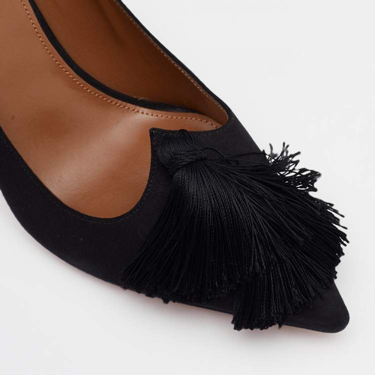Pre Owned Aquazzura Black Suede Love Tassel Pointed Toe Pumps Size 39