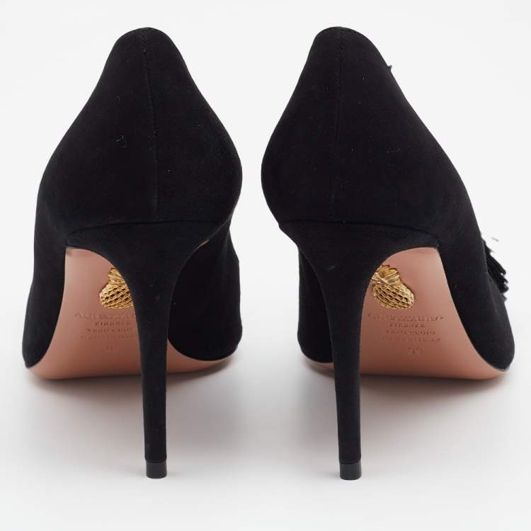 Pre Owned Aquazzura Black Suede Love Tassel Pointed Toe Pumps Size 39