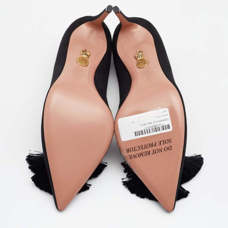 Pre Owned Aquazzura Black Suede Love Tassel Pointed Toe Pumps Size 39