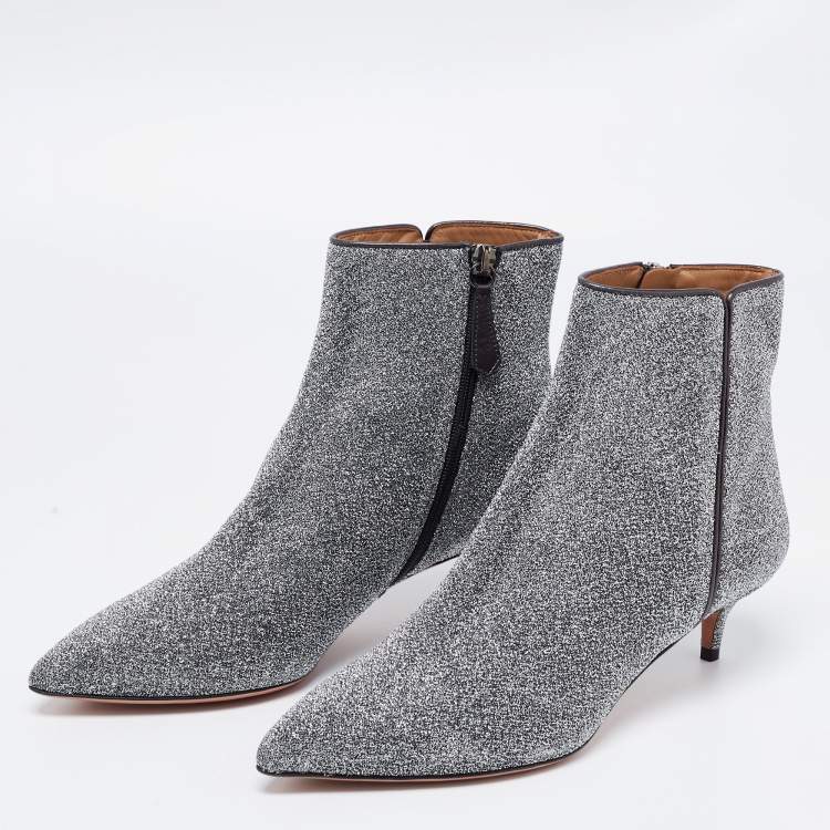 Pre Owned Aquazzura Silver Lurex Fabric Ankle Boots Size 36