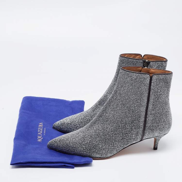 Pre Owned Aquazzura Silver Lurex Fabric Ankle Boots Size 36