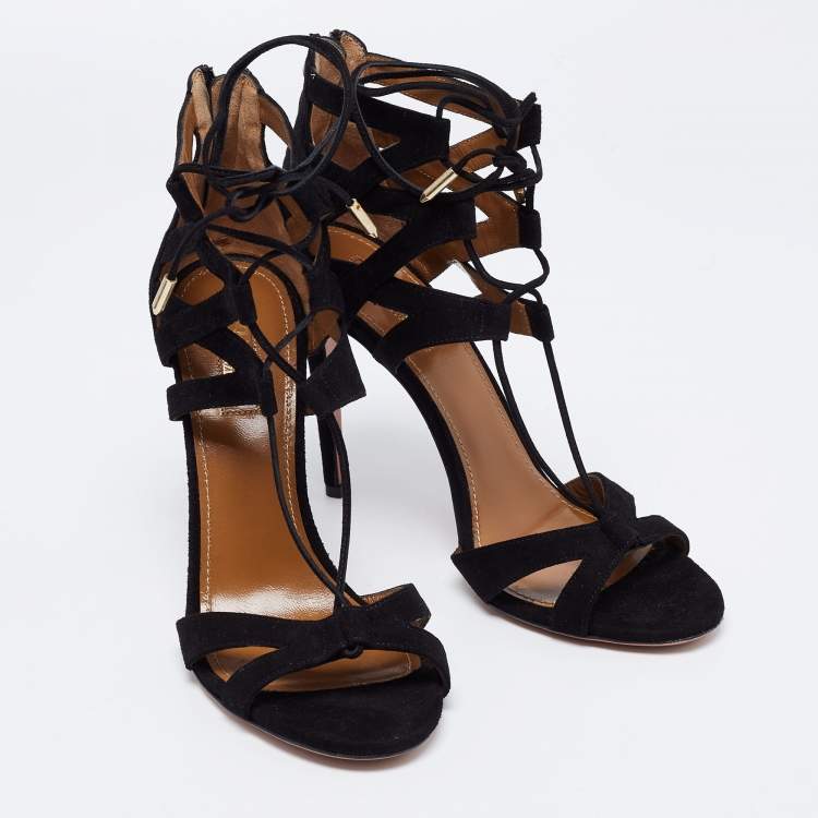Pre Owned Aquazzura Black Suede Beverly Hills Lace Up Sandals Size 38