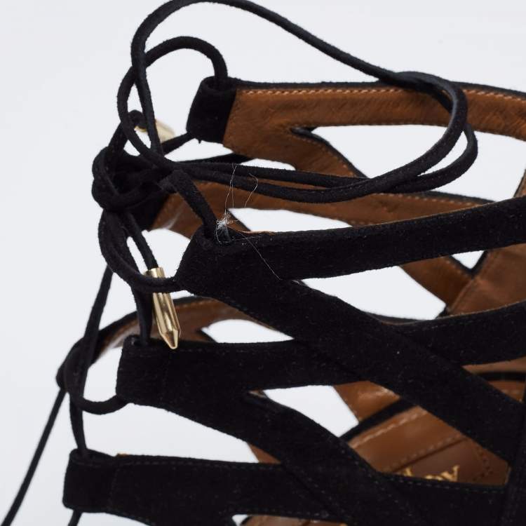 Pre Owned Aquazzura Black Suede Beverly Hills Lace Up Sandals Size 38