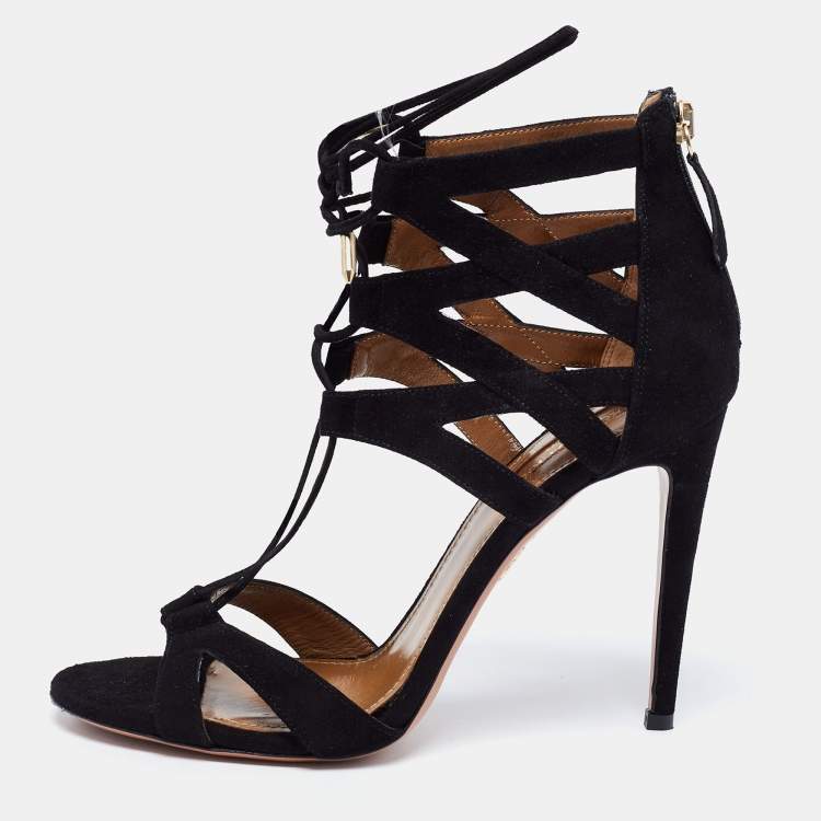 Pre Owned Aquazzura Black Suede Beverly Hills Lace Up Sandals Size 38