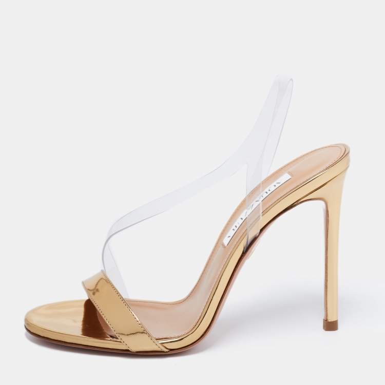 Pre Owned Aquazzura Gold Patent Leather and PVC Perfect Kiss Slingback Sandals Size 36