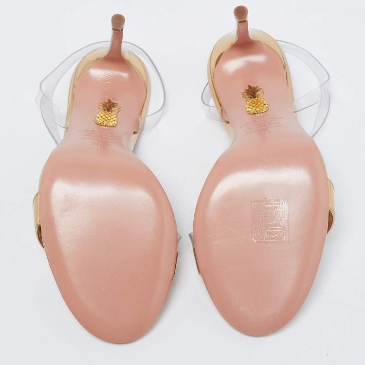 Pre Owned Aquazzura Gold Patent Leather and PVC Perfect Kiss Slingback Sandals Size 36