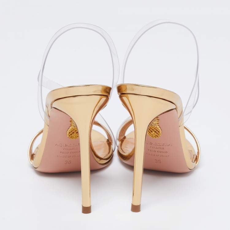 Pre Owned Aquazzura Gold Patent Leather and PVC Perfect Kiss Slingback Sandals Size 36