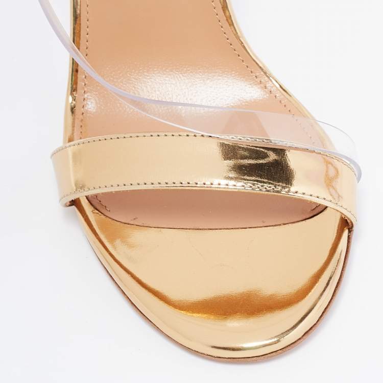Pre Owned Aquazzura Gold Patent Leather and PVC Perfect Kiss Slingback Sandals Size 36
