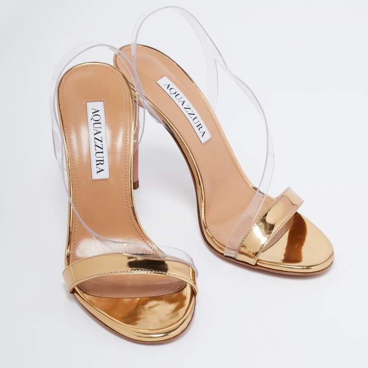 Pre Owned Aquazzura Gold Patent Leather and PVC Perfect Kiss Slingback Sandals Size 36