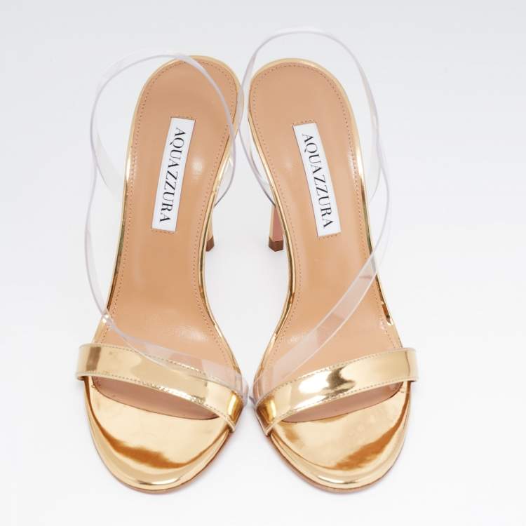 Pre Owned Aquazzura Gold Patent Leather and PVC Perfect Kiss Slingback Sandals Size 36