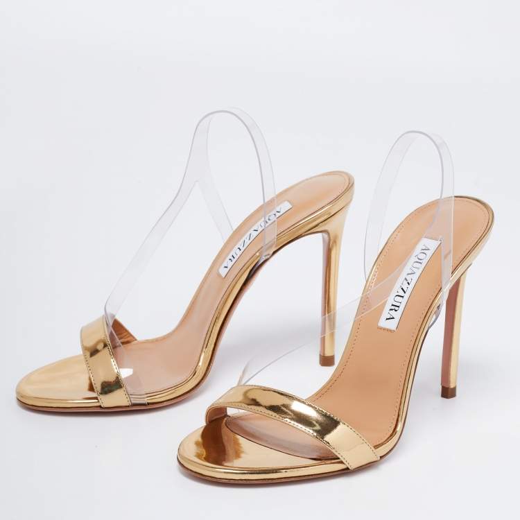 Pre Owned Aquazzura Gold Patent Leather and PVC Perfect Kiss Slingback Sandals Size 36