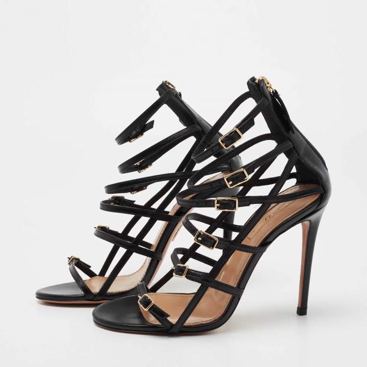 Pre Owned Aquazzura Black Leather Super Model Cage Sandals Size 35