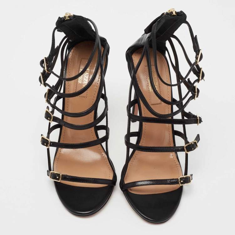 Pre Owned Aquazzura Black Leather Super Model Cage Sandals Size 35