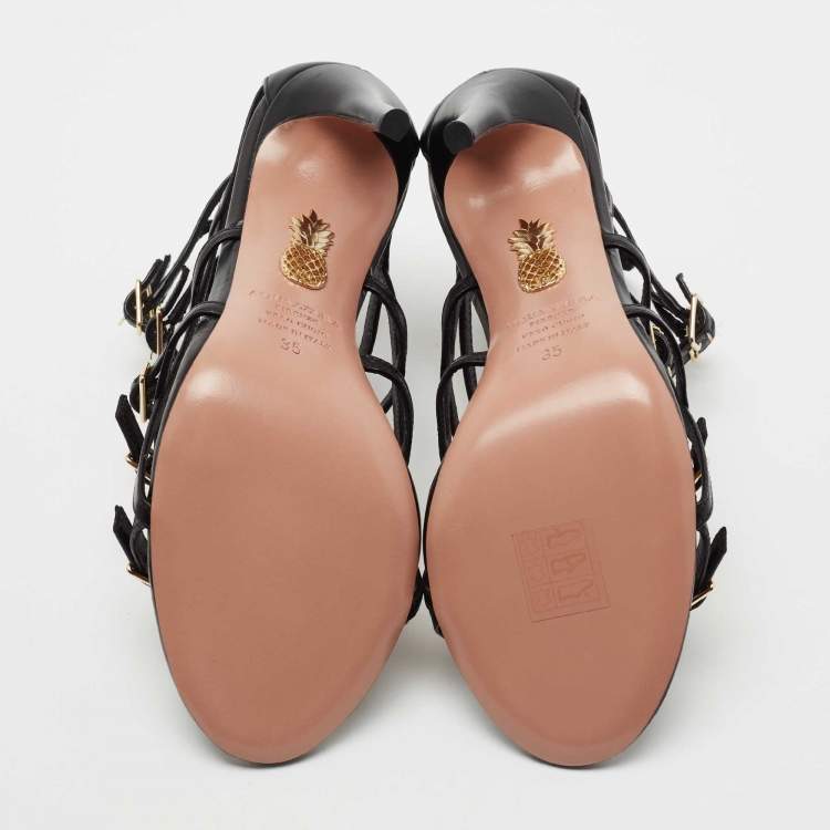 Pre Owned Aquazzura Black Leather Super Model Cage Sandals Size 35