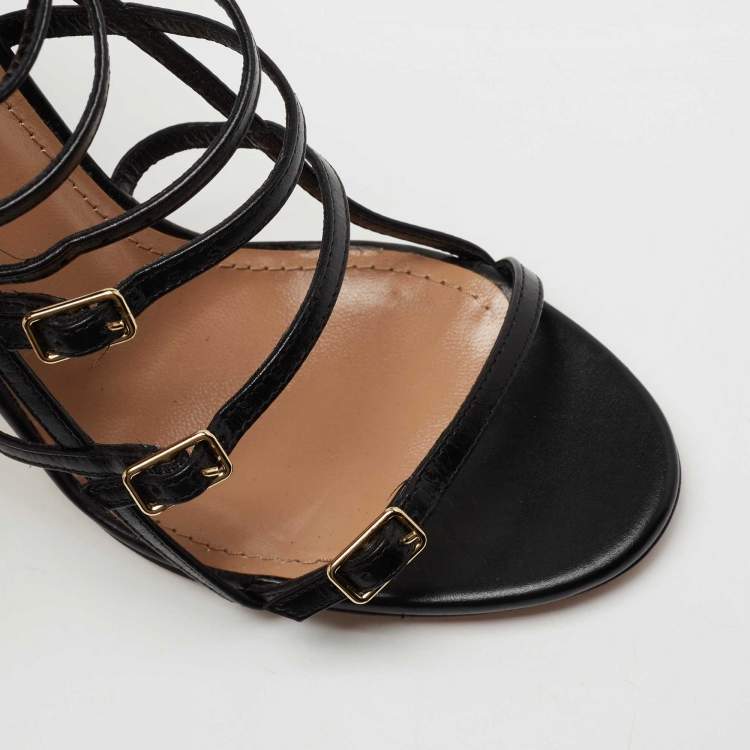 Pre Owned Aquazzura Black Leather Super Model Cage Sandals Size 35