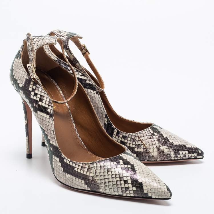 Pre Owned Aquazzura Two Tone Python Embossed Leather Love Affair Ankle Strap Pumps Size 37