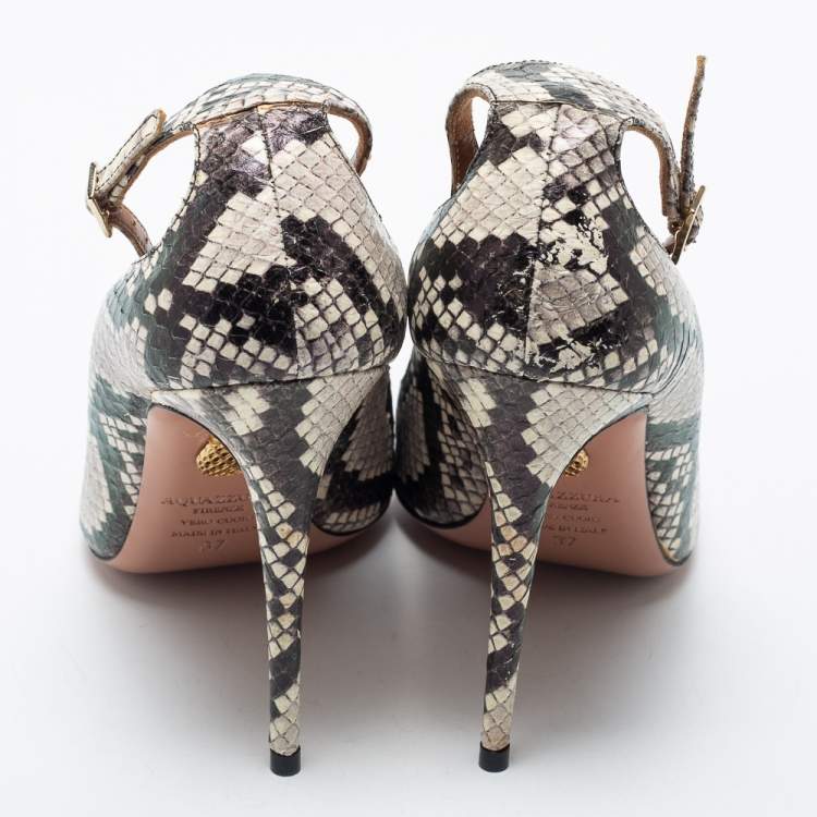 Pre Owned Aquazzura Two Tone Python Embossed Leather Love Affair Ankle Strap Pumps Size 37