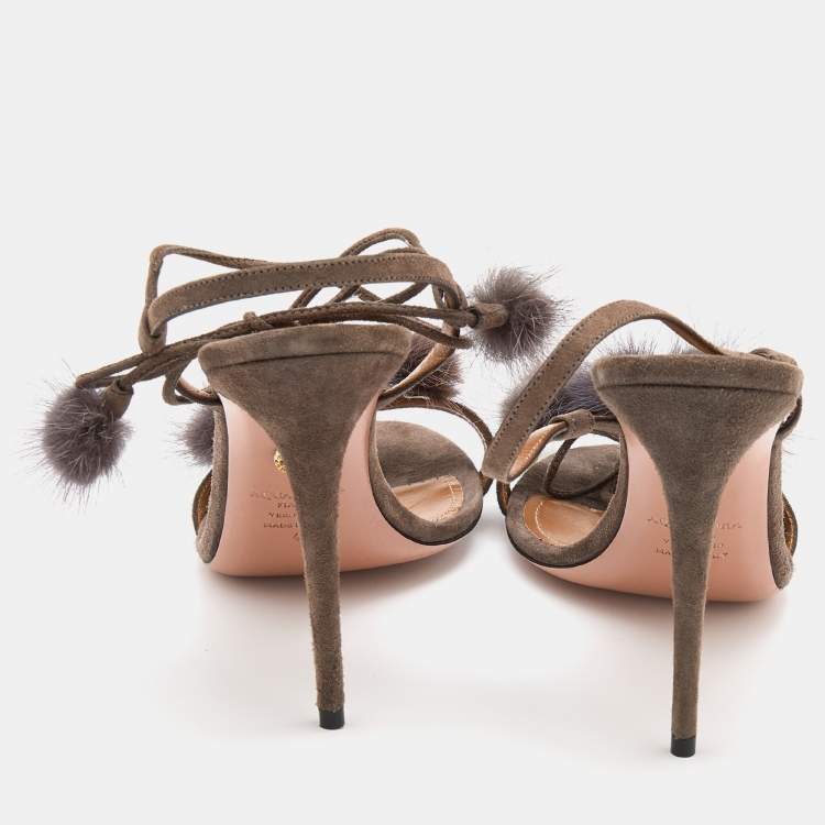 Pre Owned Aquazzura Grey Mink Fur and Suede Wild Russian Ankle Wrap Sandals Size 42