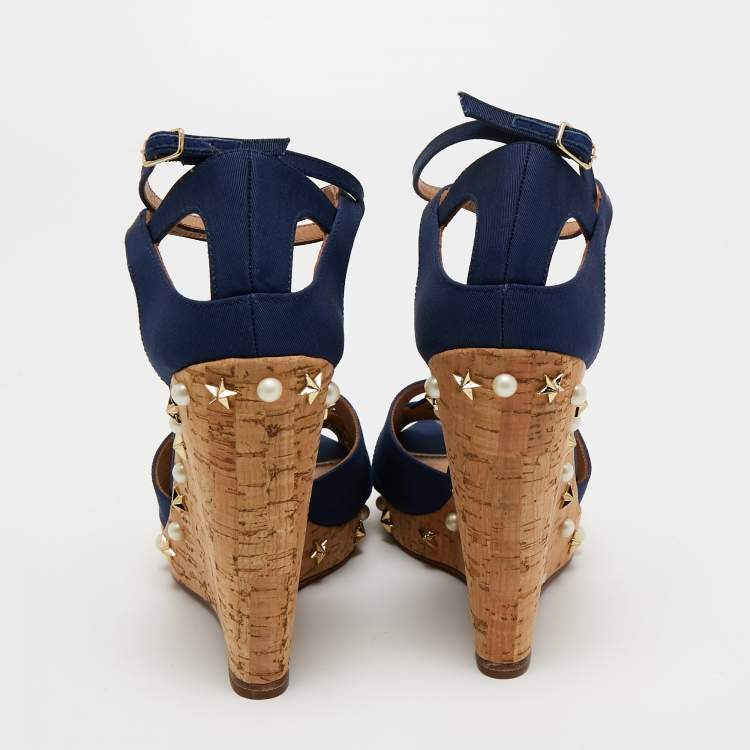 Pre Owned Aquazzura Blue Canvas Wedges Sandals Size 39