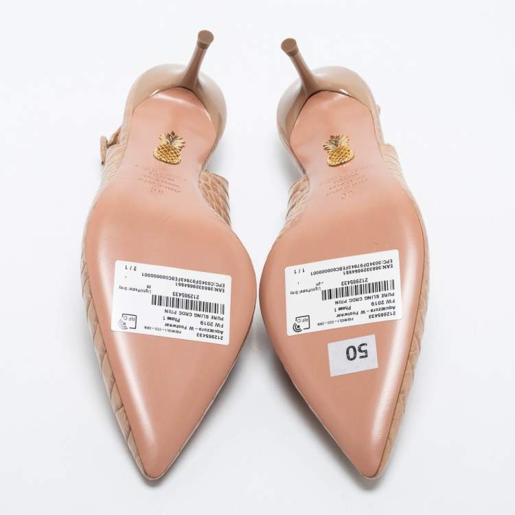 Pre Owned Aquazurra Beige Croc Embossed Leather Slingback Pumps Size 38
