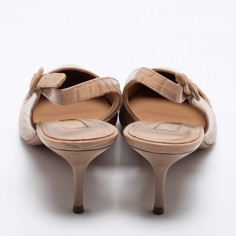Pre Owned Aquazurra Beige Croc Embossed Leather Slingback Pumps Size 38