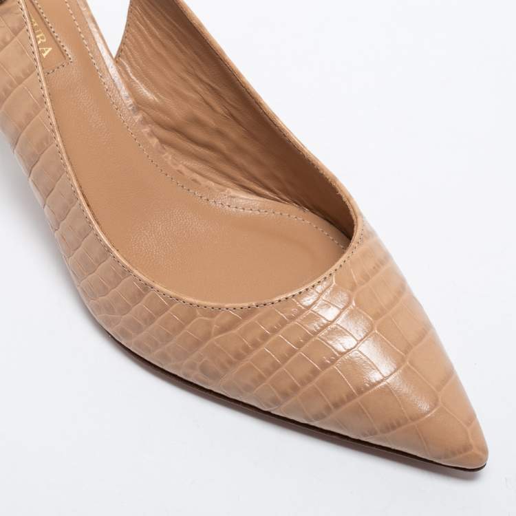 Pre Owned Aquazurra Beige Croc Embossed Leather Slingback Pumps Size 38
