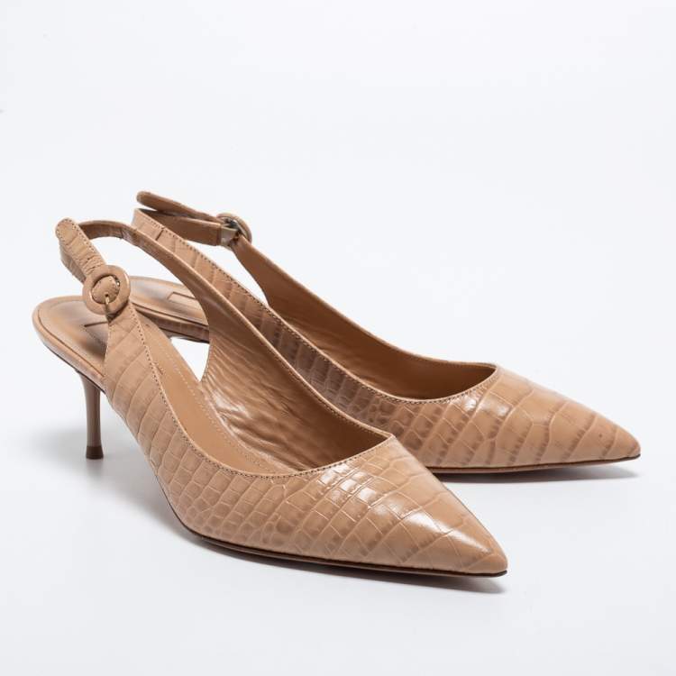 Pre Owned Aquazurra Beige Croc Embossed Leather Slingback Pumps Size 38