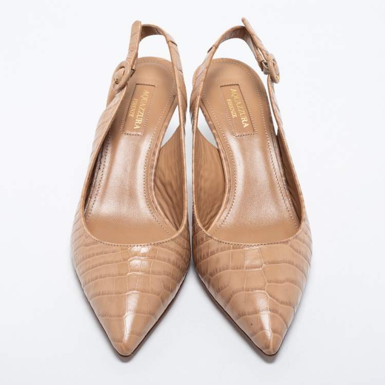 Pre Owned Aquazurra Beige Croc Embossed Leather Slingback Pumps Size 38