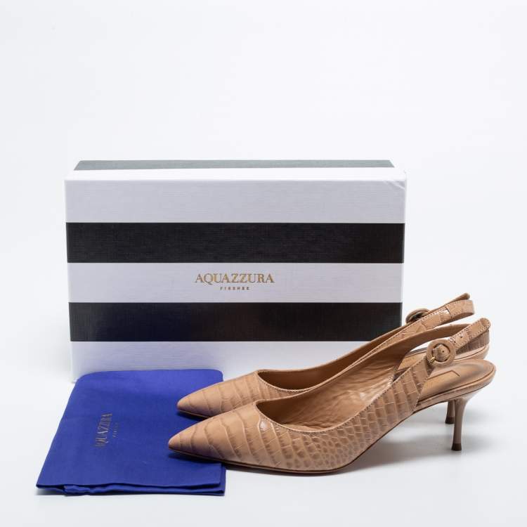Pre Owned Aquazurra Beige Croc Embossed Leather Slingback Pumps Size 38