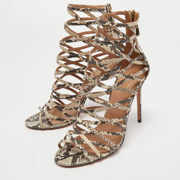 مملوكة مسبقًا Aquazzura Cream/lBlack Python Embossed Leather Knockout Cage Sandals Size 40