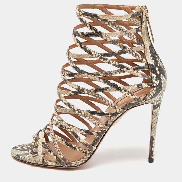 مملوكة مسبقًا Aquazzura Cream/lBlack Python Embossed Leather Knockout Cage Sandals Size 40