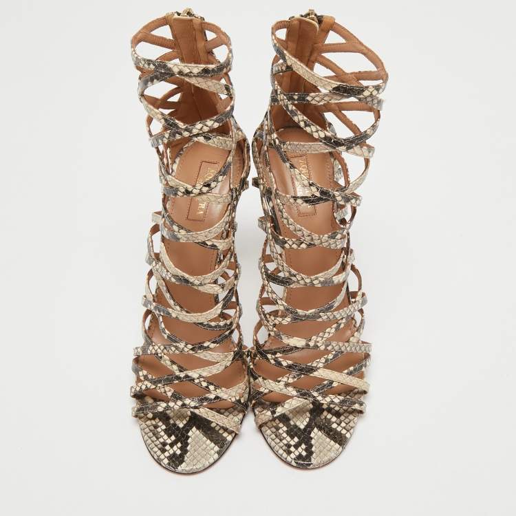 مملوكة مسبقًا Aquazzura Cream/lBlack Python Embossed Leather Knockout Cage Sandals Size 40