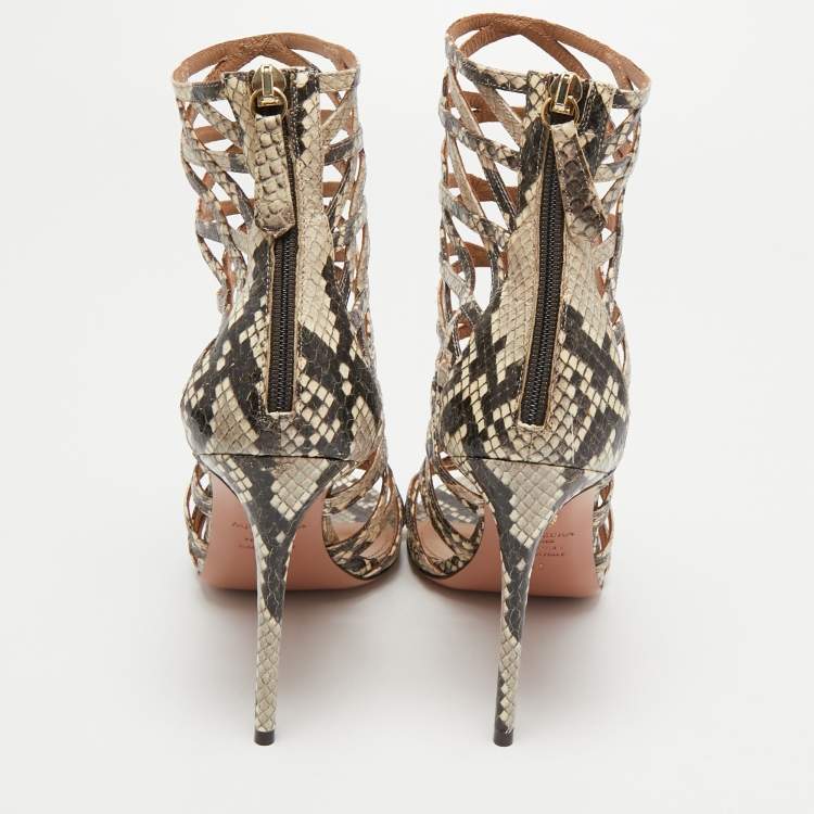 مملوكة مسبقًا Aquazzura Cream/lBlack Python Embossed Leather Knockout Cage Sandals Size 40