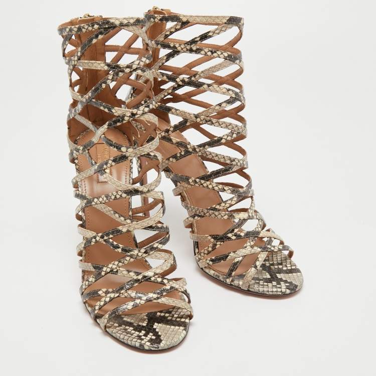 مملوكة مسبقًا Aquazzura Cream/lBlack Python Embossed Leather Knockout Cage Sandals Size 40
