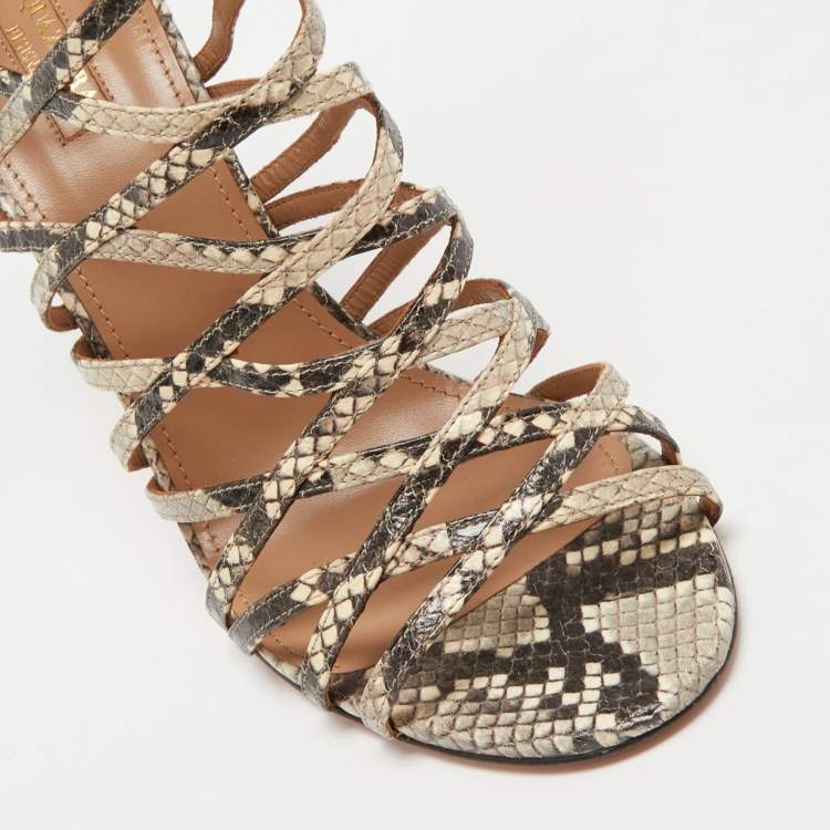 مملوكة مسبقًا Aquazzura Cream/lBlack Python Embossed Leather Knockout Cage Sandals Size 40