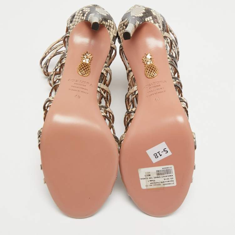 مملوكة مسبقًا Aquazzura Cream/lBlack Python Embossed Leather Knockout Cage Sandals Size 40