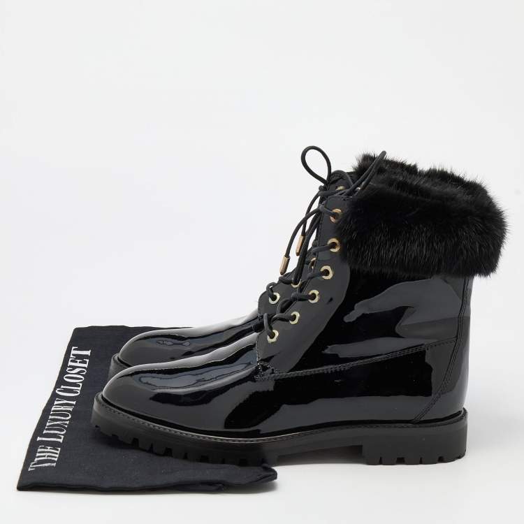 مملوكة مسبقًا Aquazzura Black Patent Leather and Fur Heilbrunner Ankle Boots Size 38