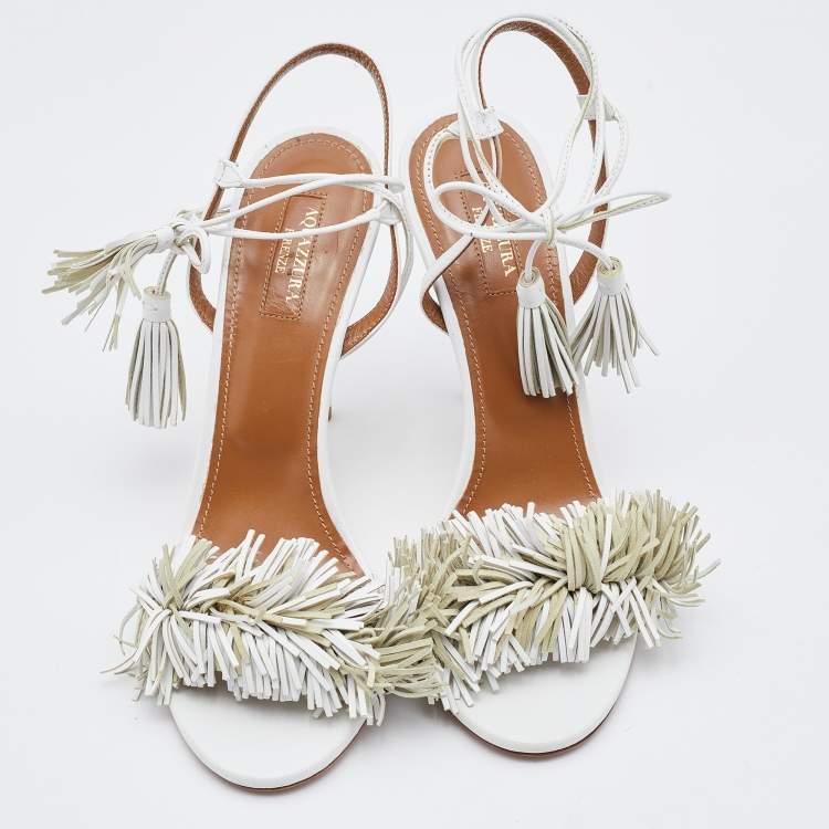 Pre Owned Aquazzura White Leather Fringed Wild Thing Ankle Wrap Sandals Size 40