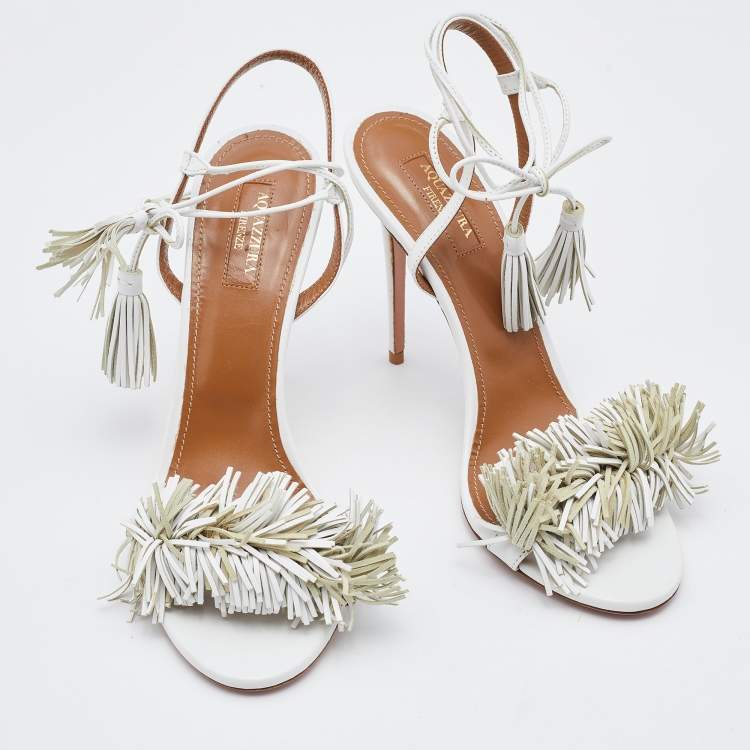 Pre Owned Aquazzura White Leather Fringed Wild Thing Ankle Wrap Sandals Size 40