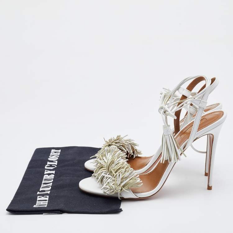 Pre Owned Aquazzura White Leather Fringed Wild Thing Ankle Wrap Sandals Size 40